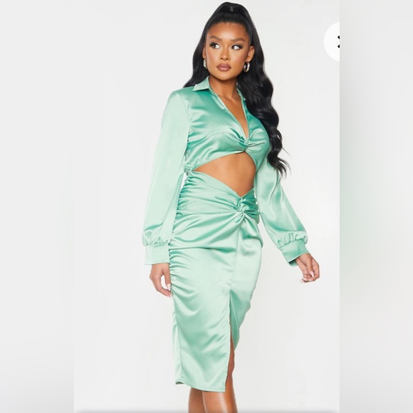 Sage Green Satin Knot Skirt Cut Out Midi Dress - Picture 6 of 7
